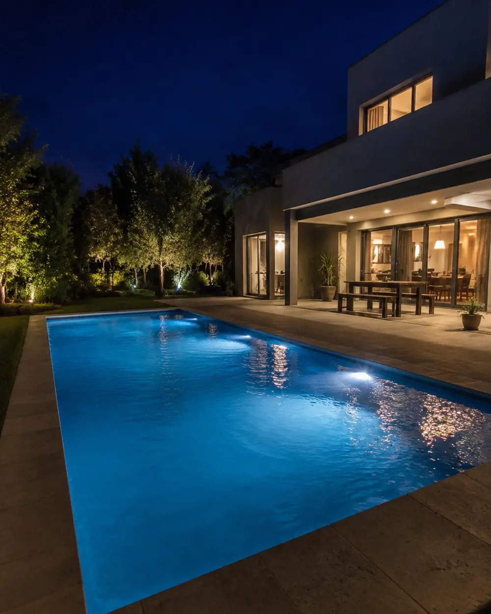 Pileta residencial iluminada en una vivienda contemporánea